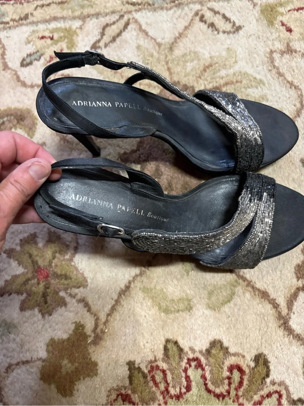 Papell Boutique Black and Silver Beaded Slingback Heels